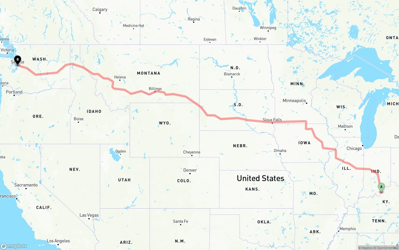 Shipping route from Louisville to Seattle