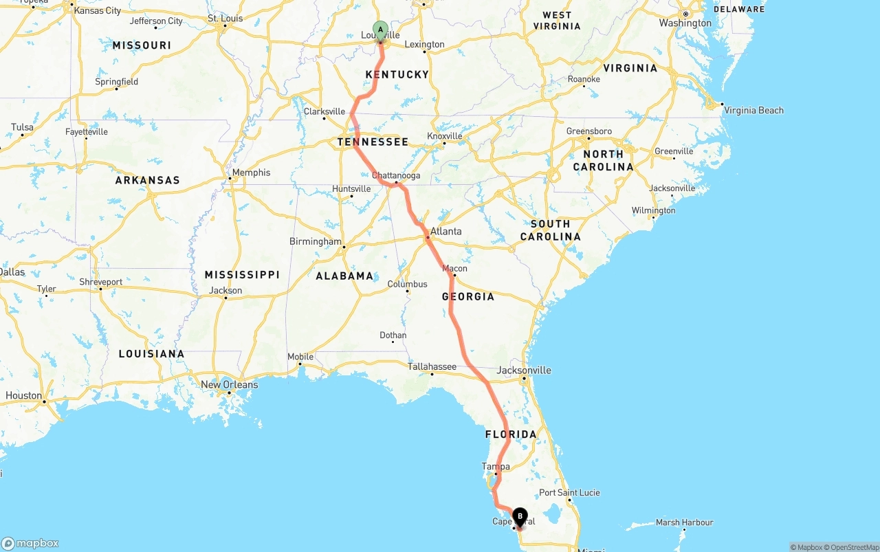 Shipping route from Louisville to Southwest Florida International Airport