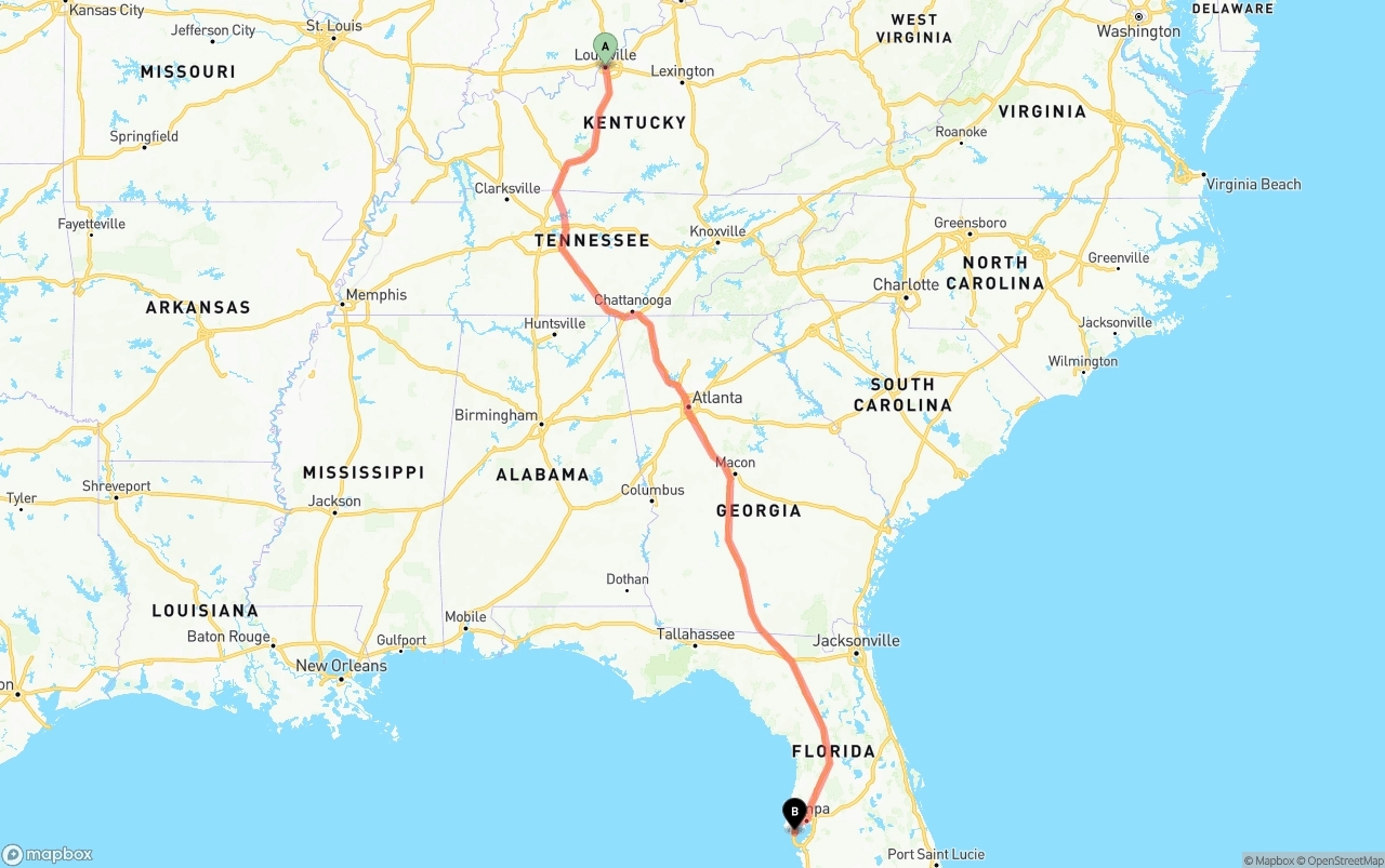 Shipping route from Louisville to St. Petersburg