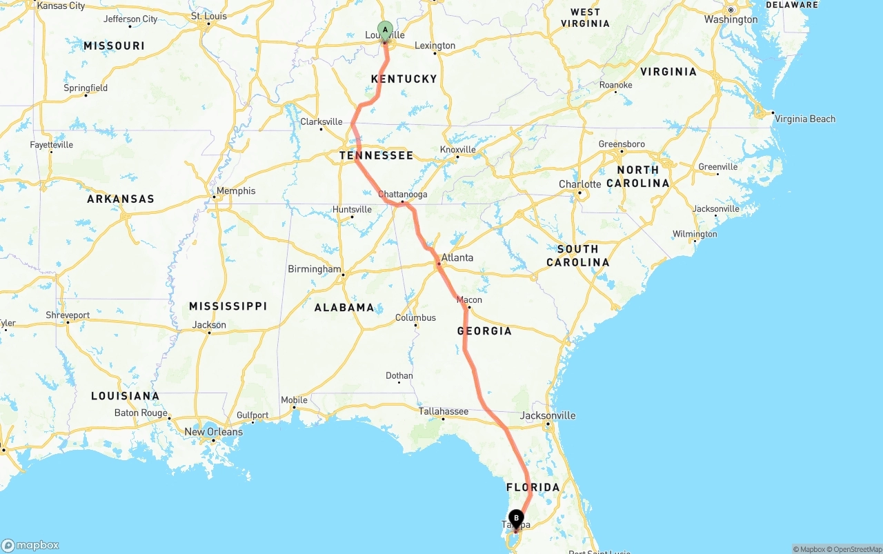 Shipping route from Louisville to Tampa