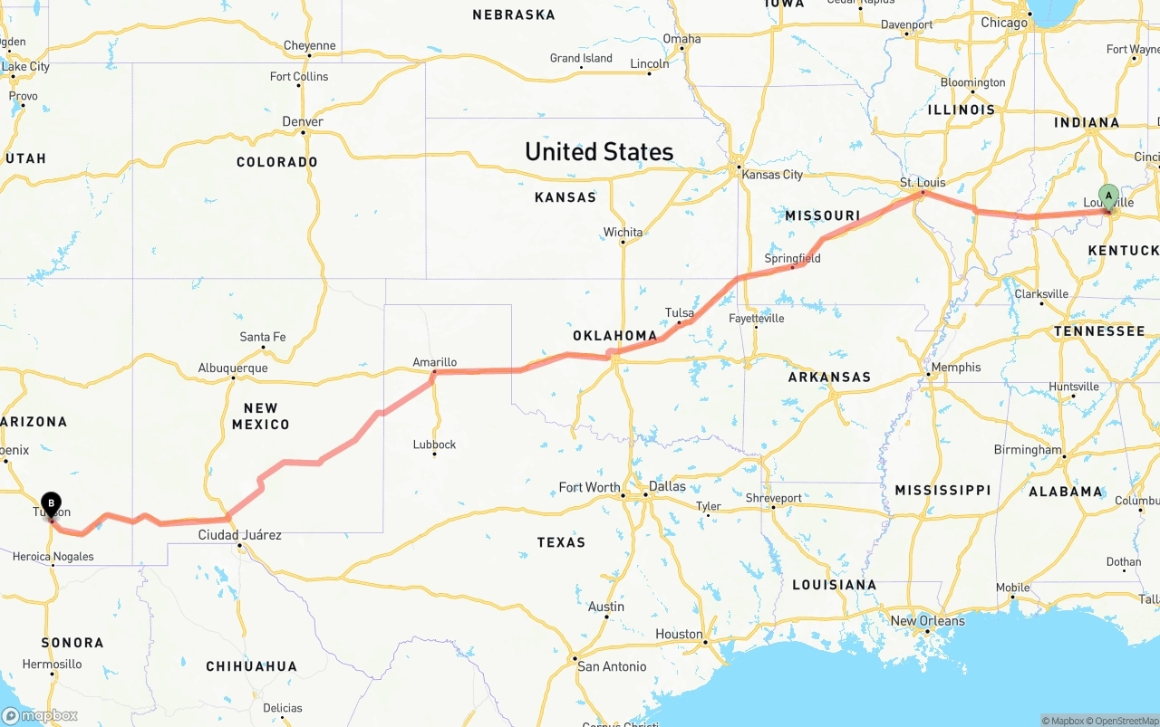Shipping route from Louisville to Tucson