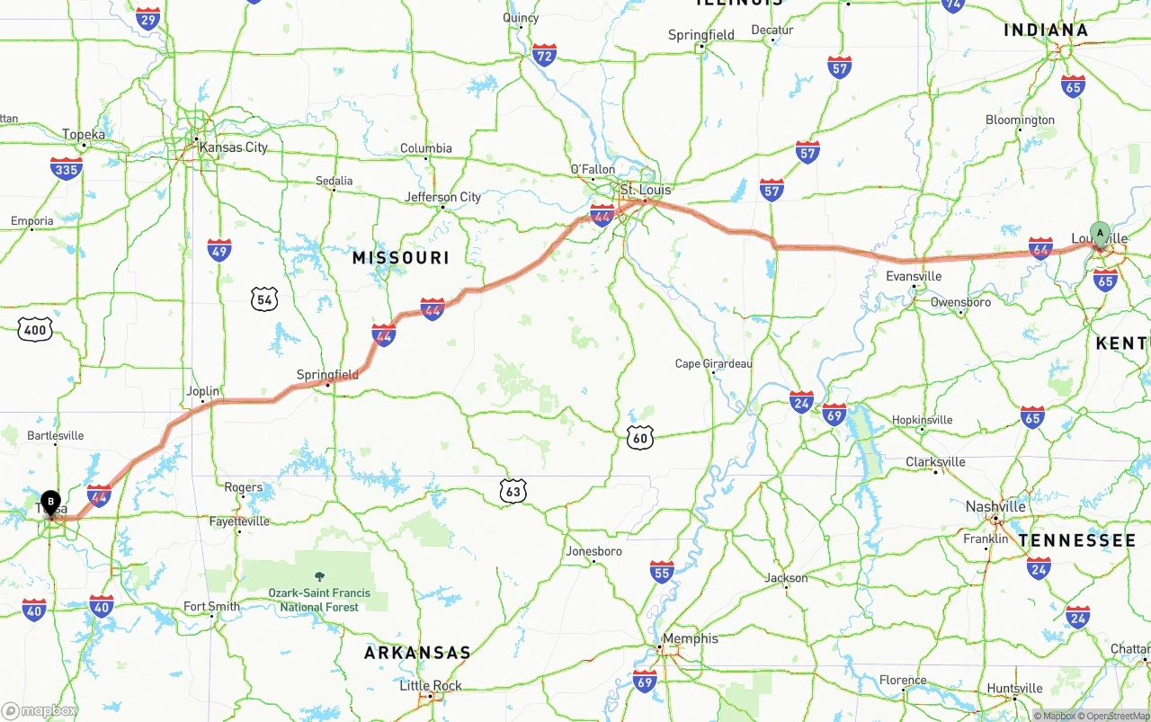 Shipping route from Louisville to Tulsa