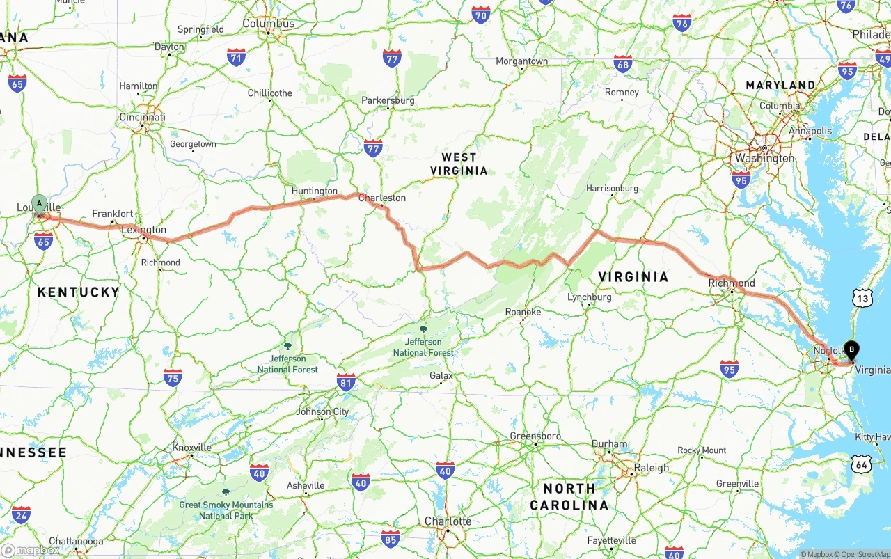 Shipping route from Louisville to Virginia Beach