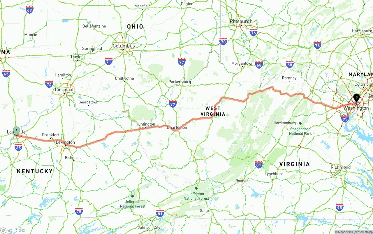Shipping route from Louisville to Washington D.C.
