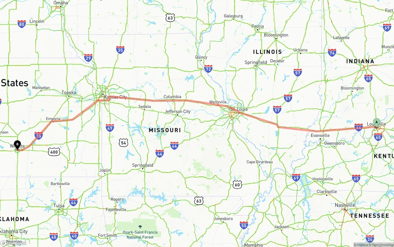 Shipping route from Louisville to Wichita