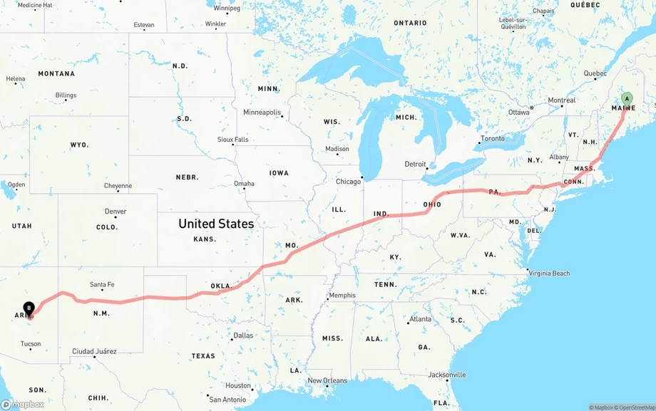 Maine to Arizona freight shipping route map