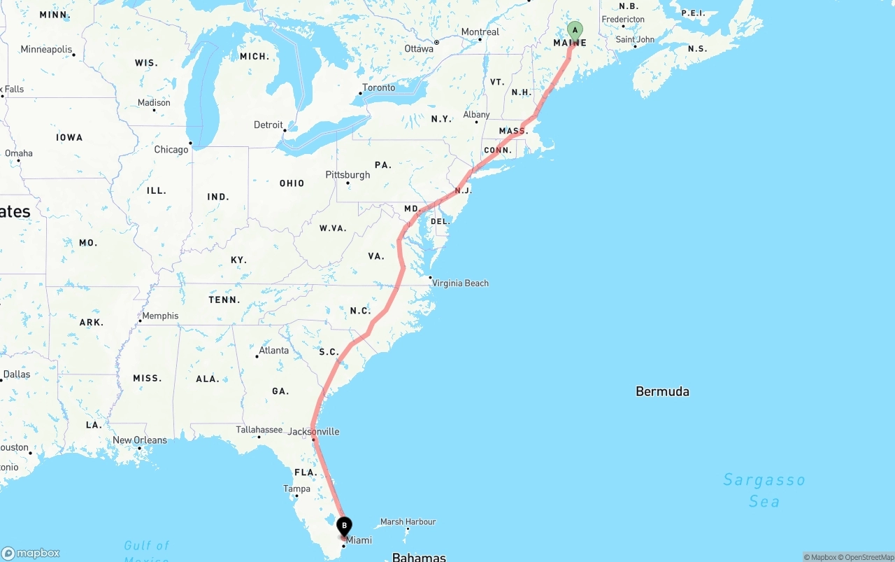 Shipping route from Maine to Fort Lauderdale-Hollywood International Airport