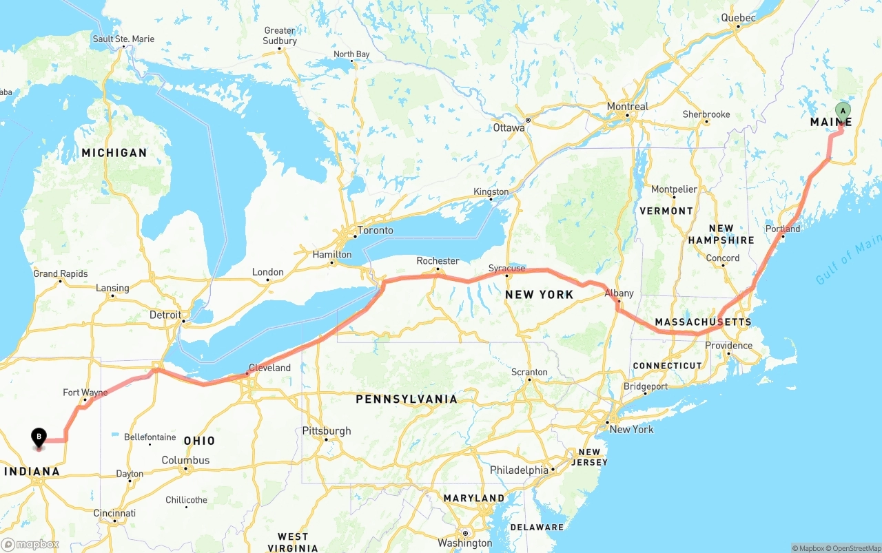 Shipping route from Maine to Indiana