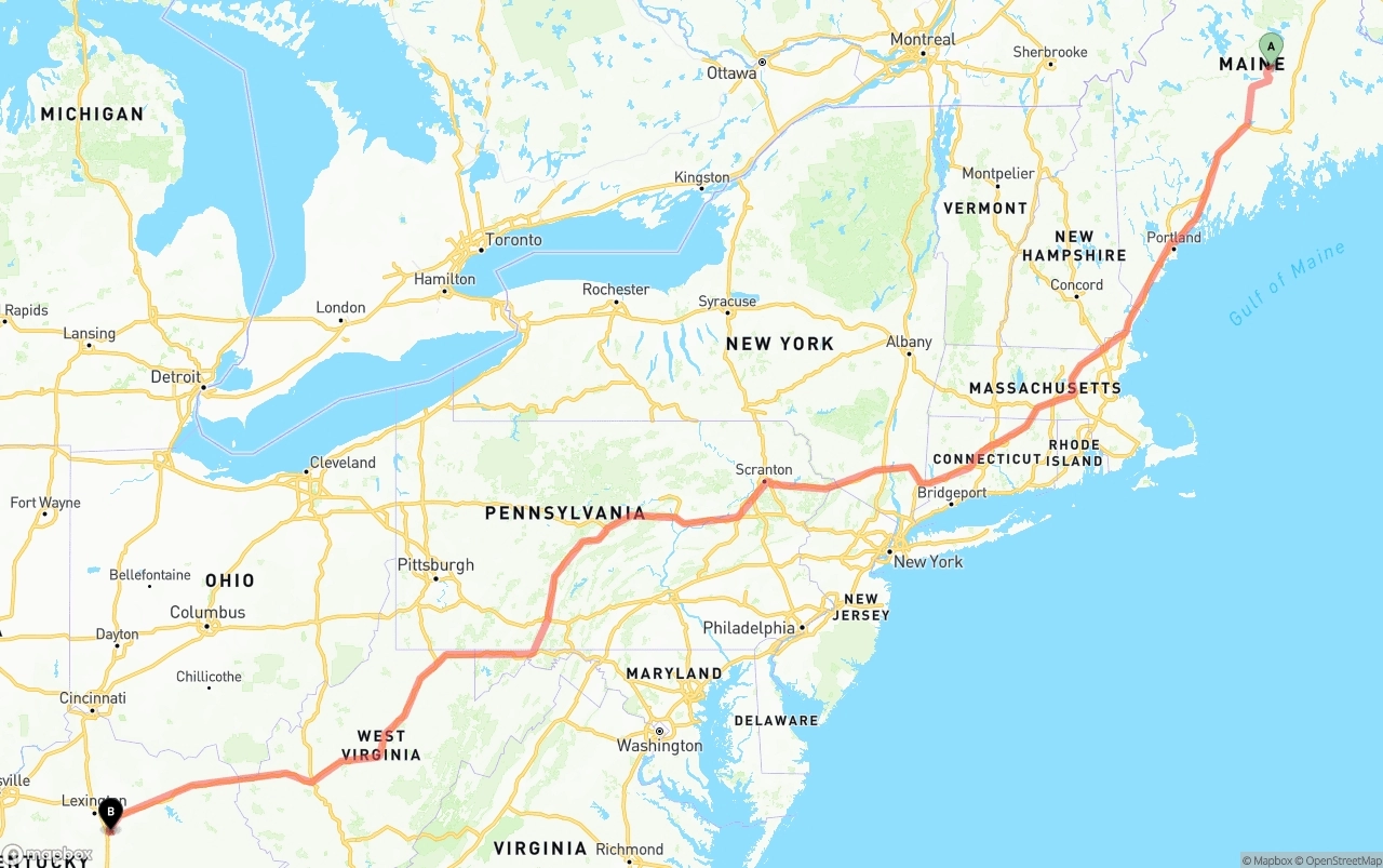 Shipping route from Maine to Kentucky