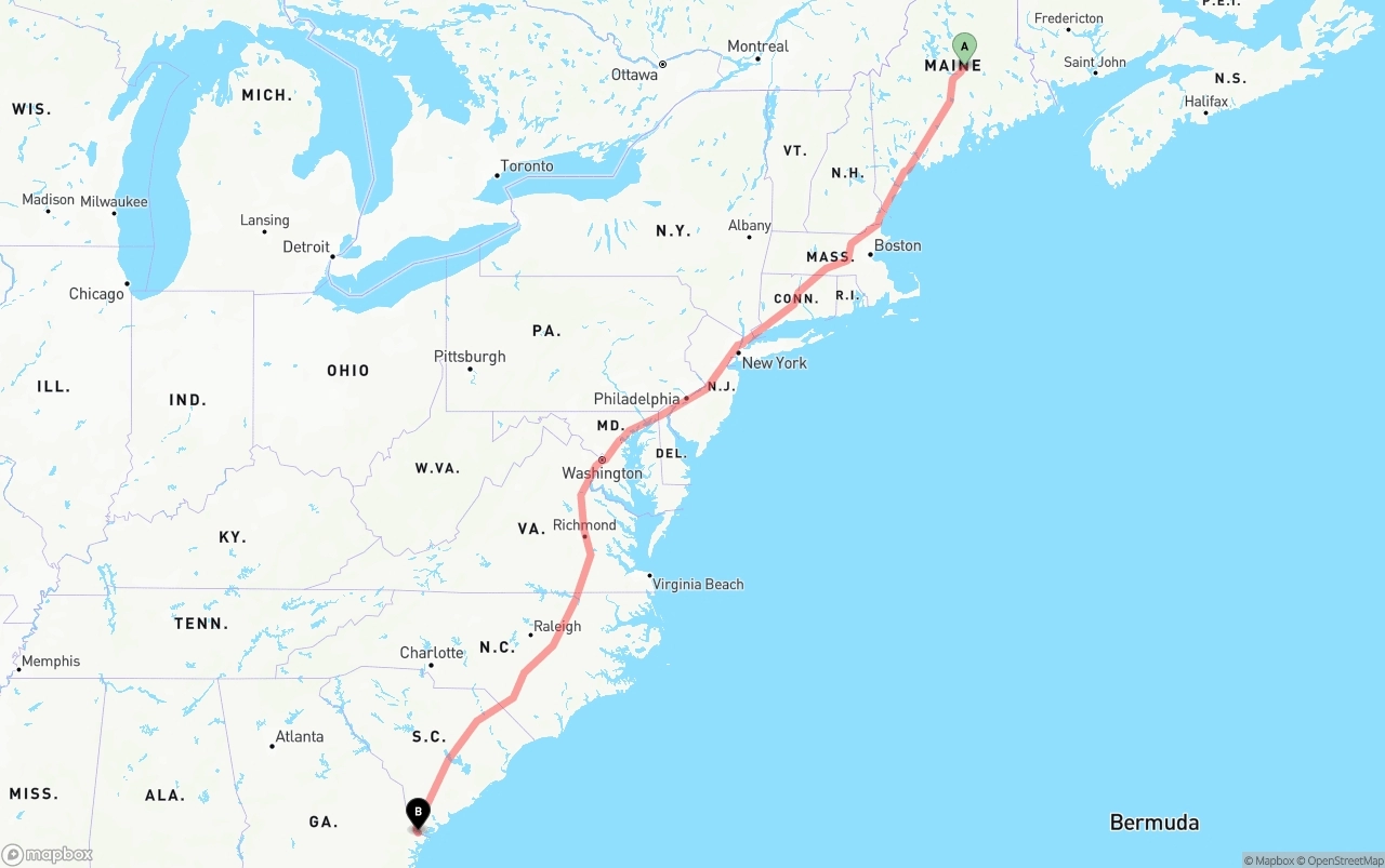Shipping route from Maine to Port of Savannah