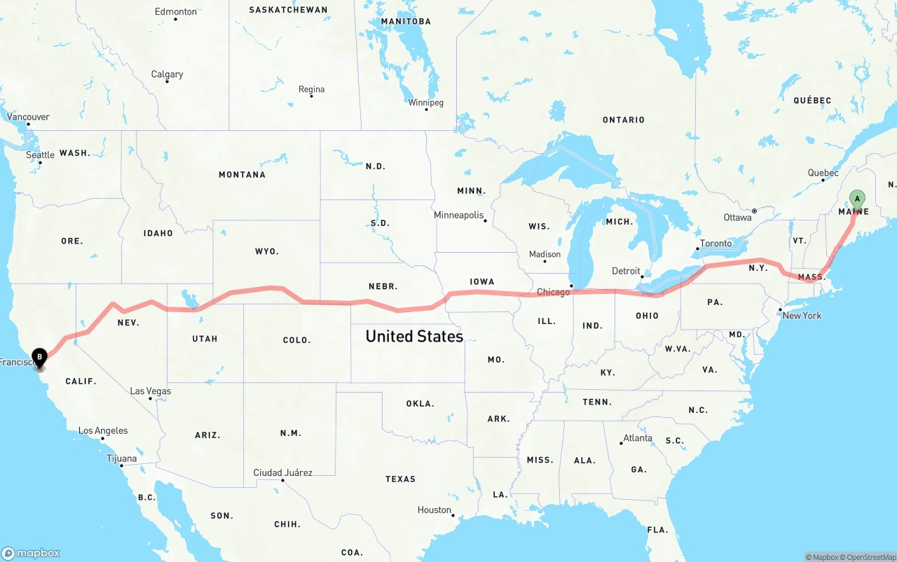 Shipping route from Maine to San Francisco International Airport