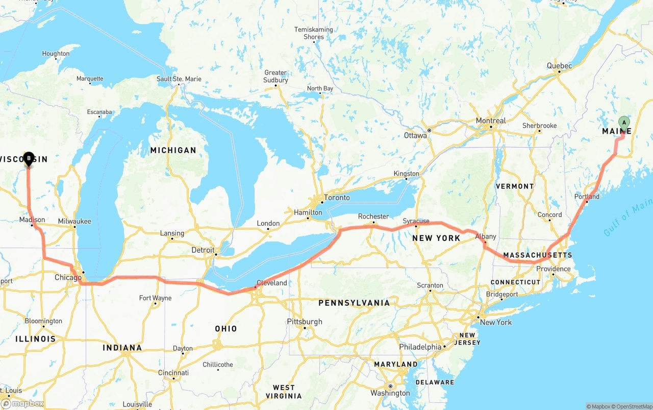 Shipping route from Maine to Wisconsin