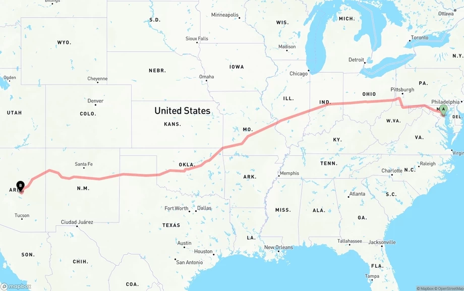 Maryland to Arizona freight shipping route map