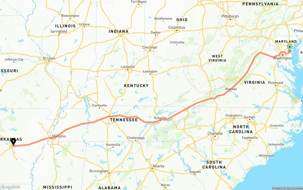 Shipping route from Maryland to Arkansas