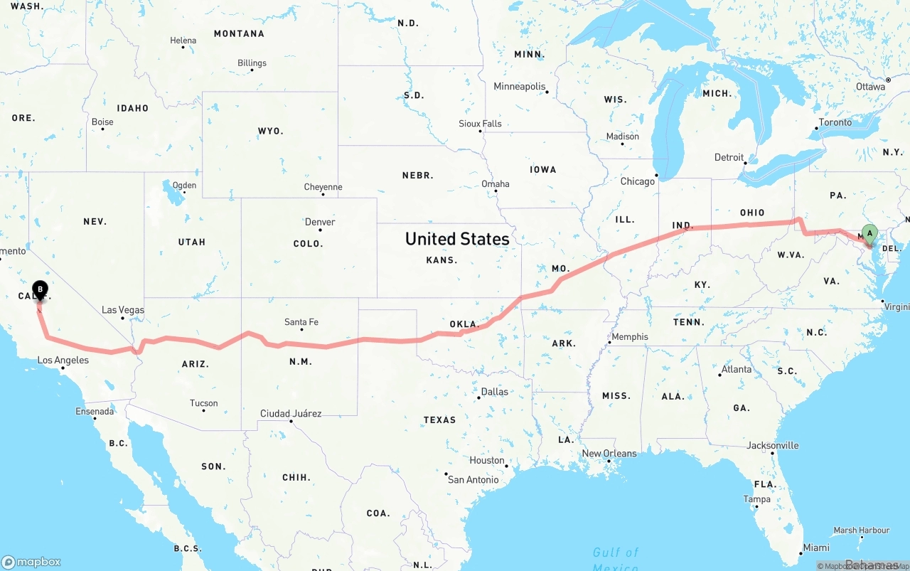 Shipping route from Maryland to California