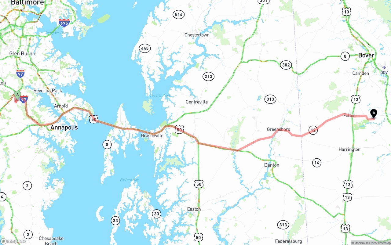 Shipping route from Maryland to Delaware