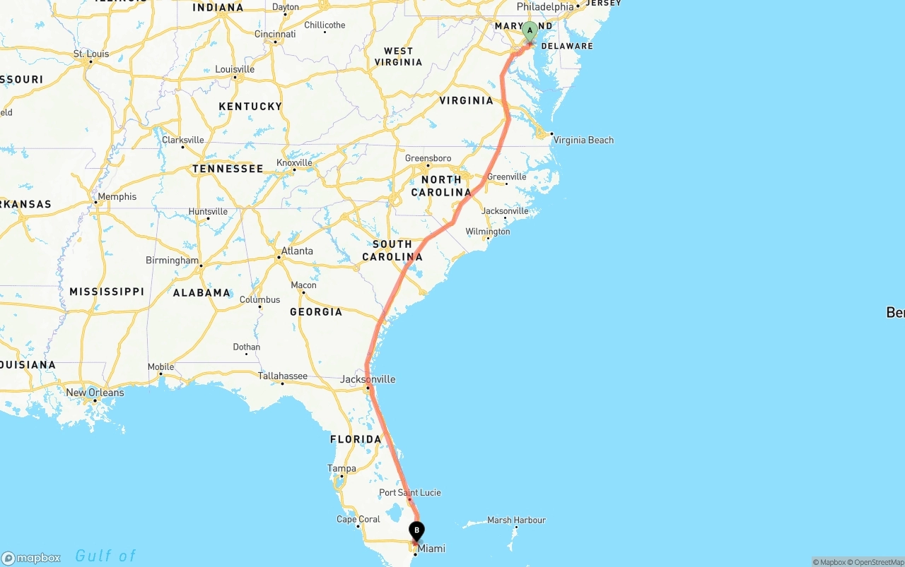 Shipping route from Maryland to Fort Lauderdale-Hollywood International Airport