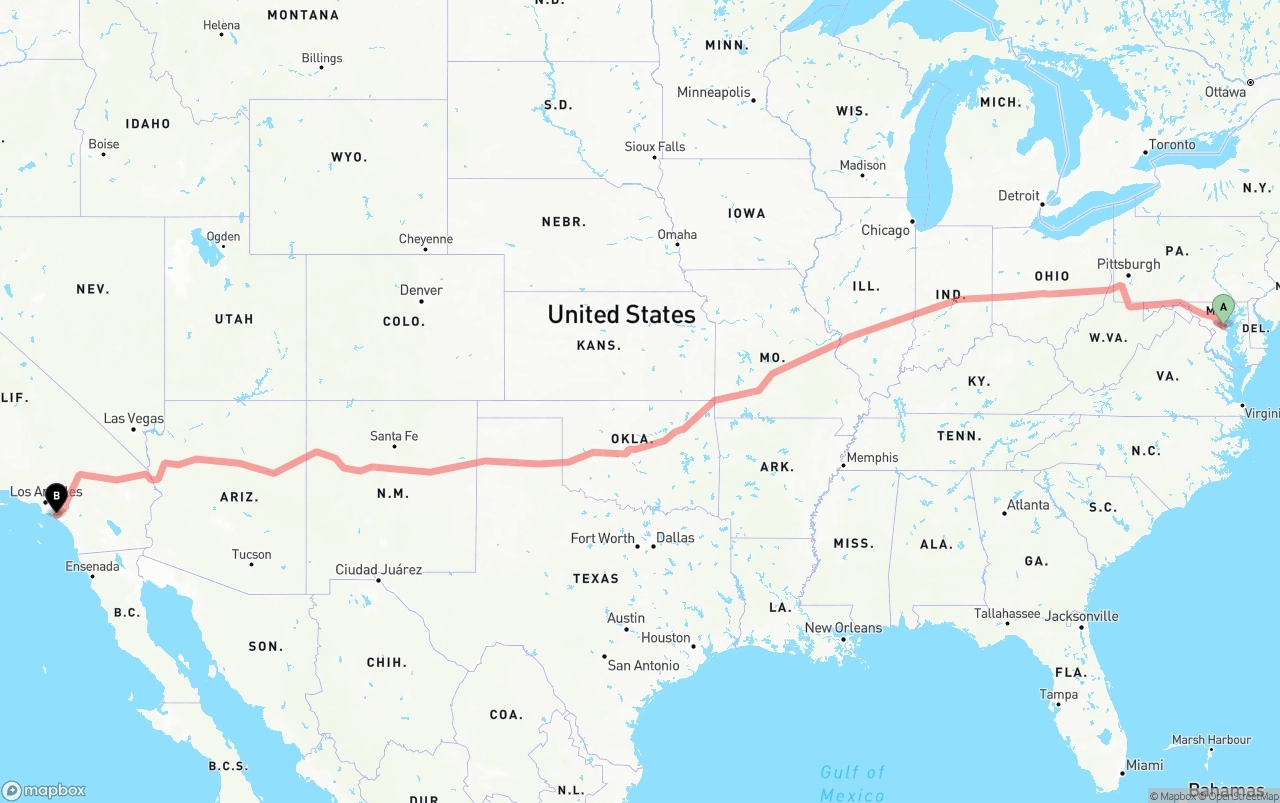 Shipping route from Maryland to John Wayne Airport — Orange County