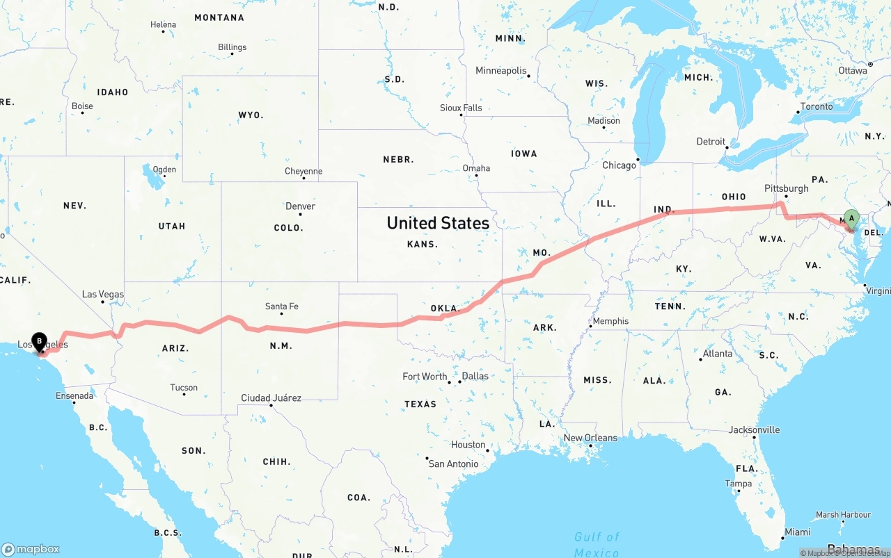 Shipping route from Maryland to Los Angeles International Airport