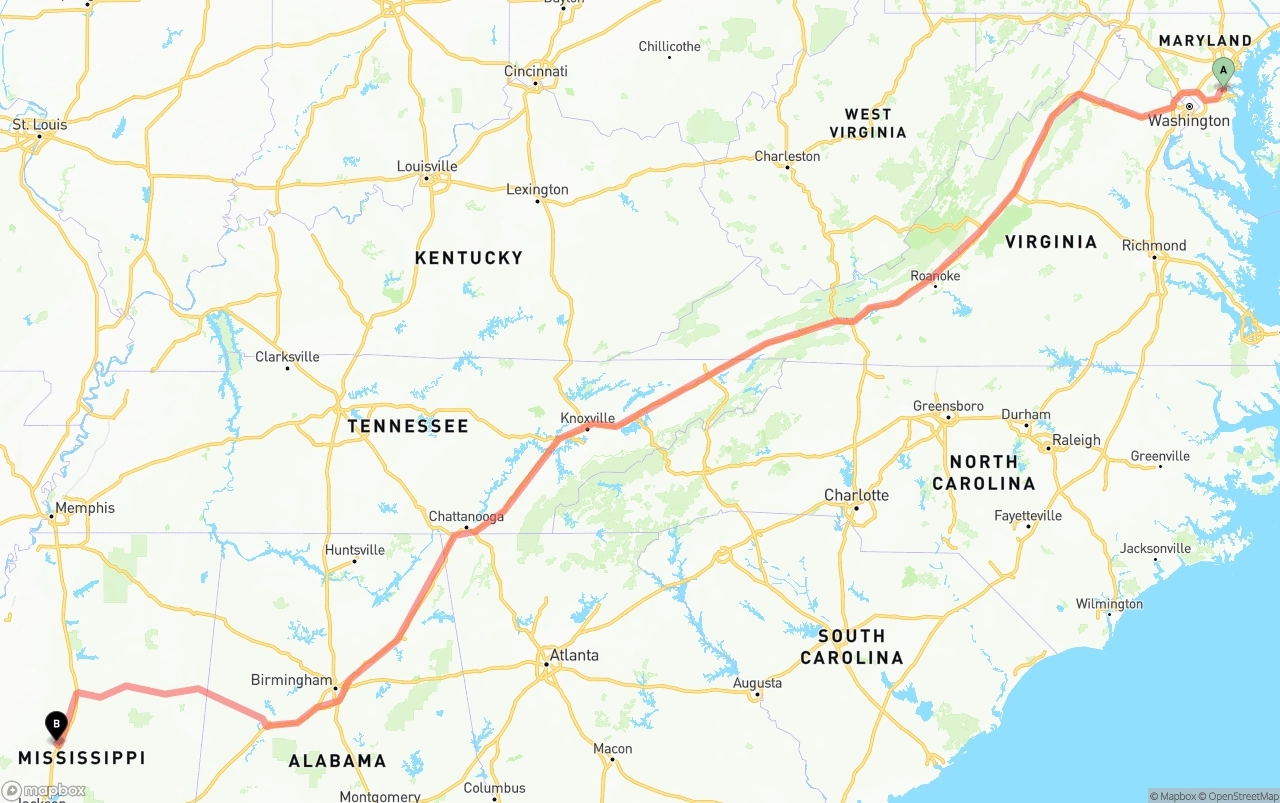 Shipping route from Maryland to Mississippi