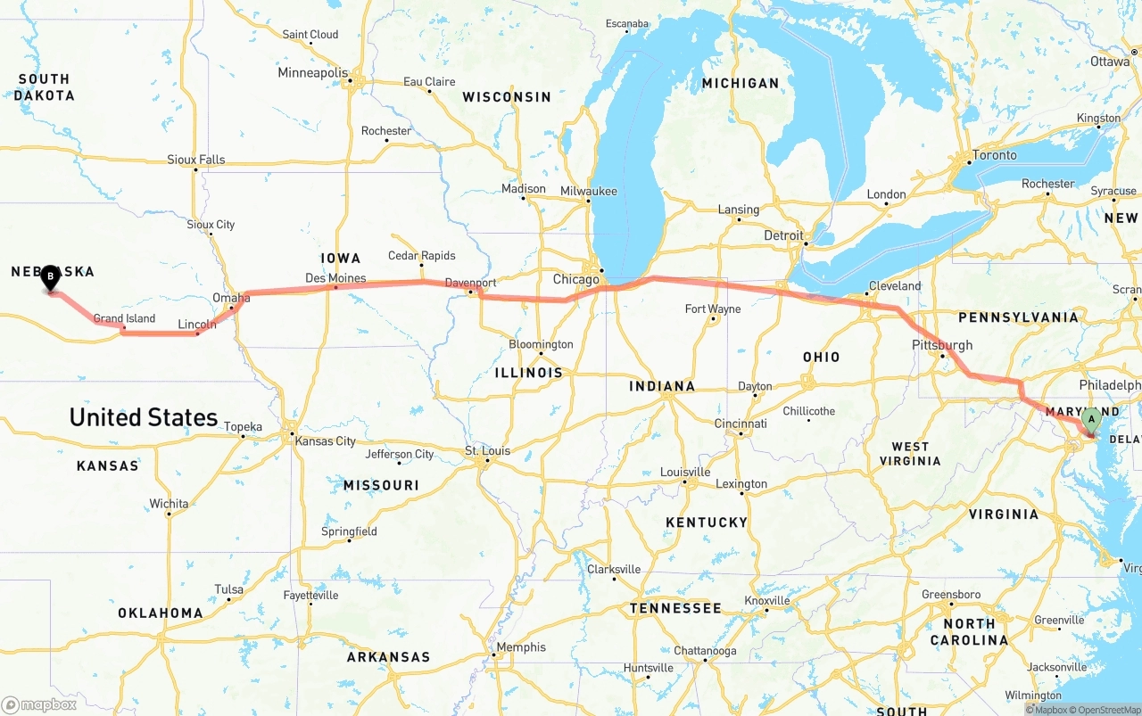 Shipping route from Maryland to Nebraska