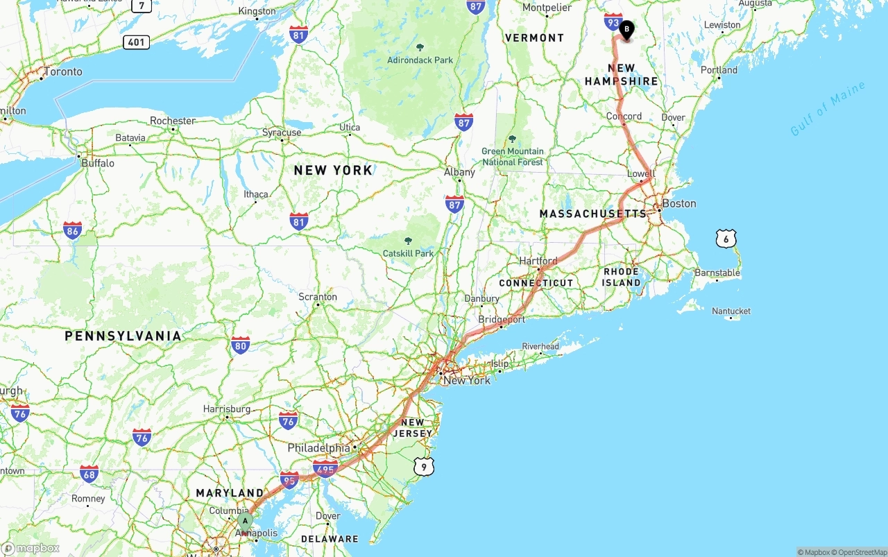 Shipping route from Maryland to New Hampshire