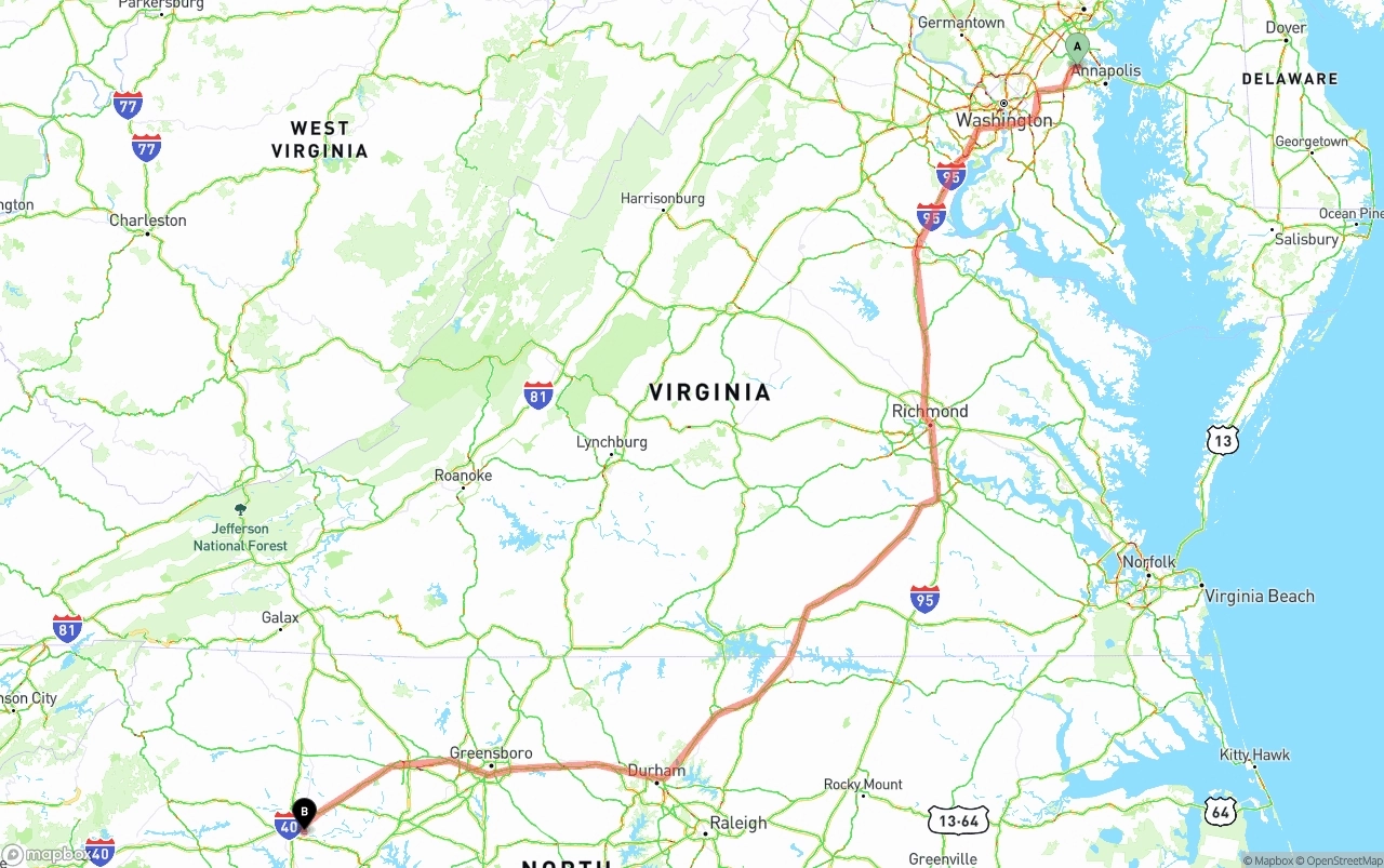 Shipping route from Maryland to North Carolina