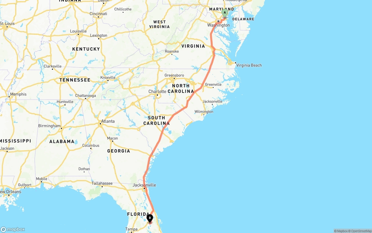 Shipping route from Maryland to Orlando International Airport