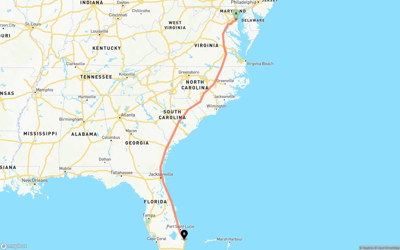 Shipping route from Maryland to Palm Beach International Airport