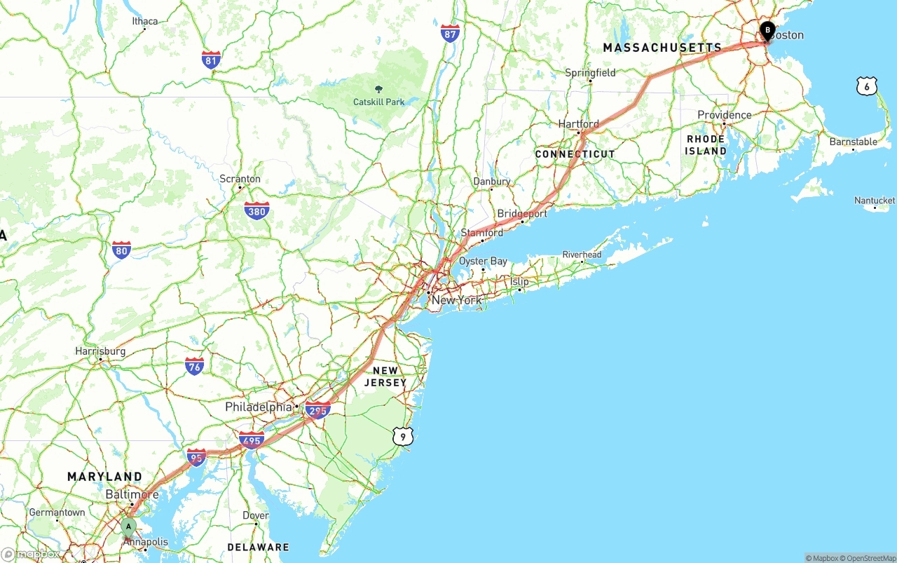Shipping route from Maryland to Port of Boston