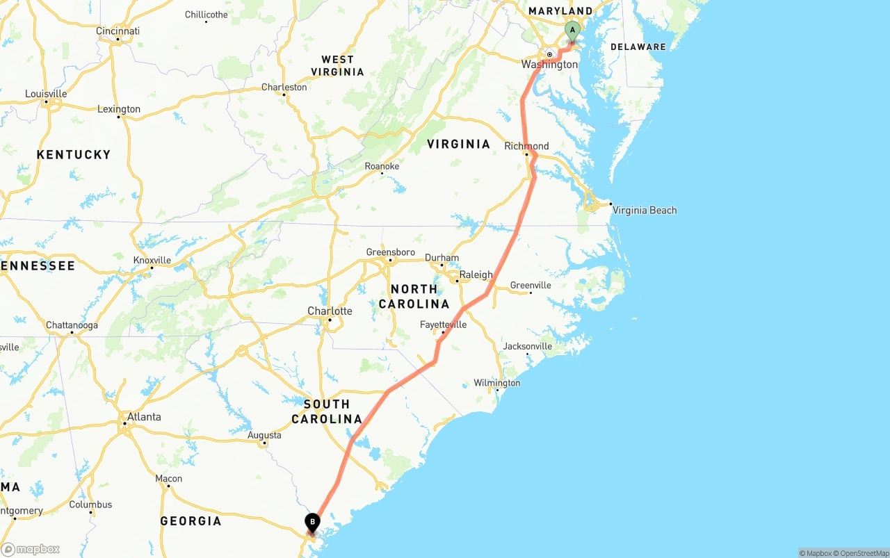 Shipping route from Maryland to Port of Savannah