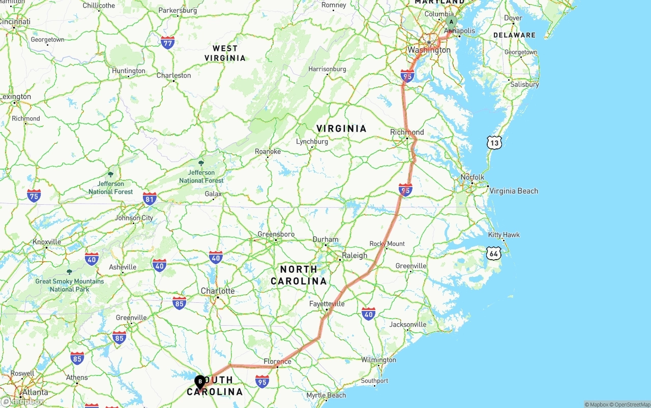 Shipping route from Maryland to South Carolina