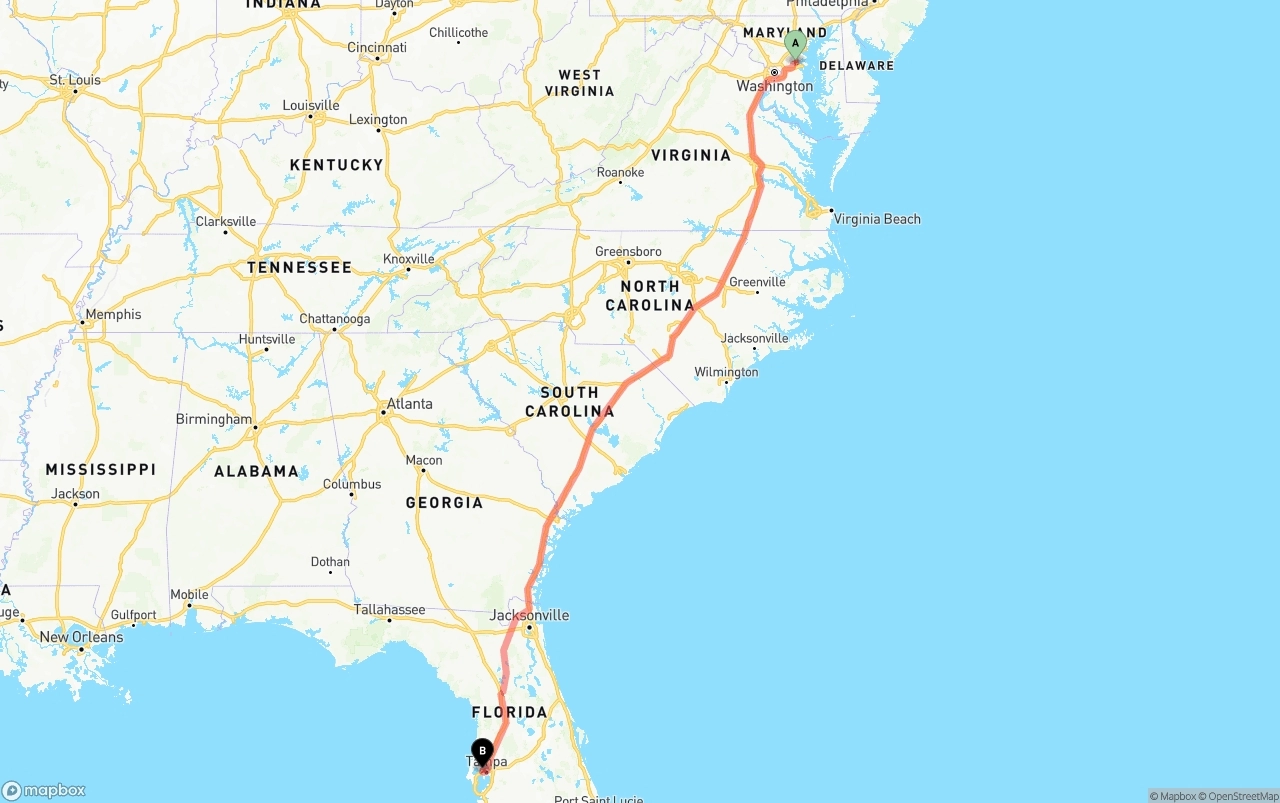 Shipping route from Maryland to Tampa International Airport