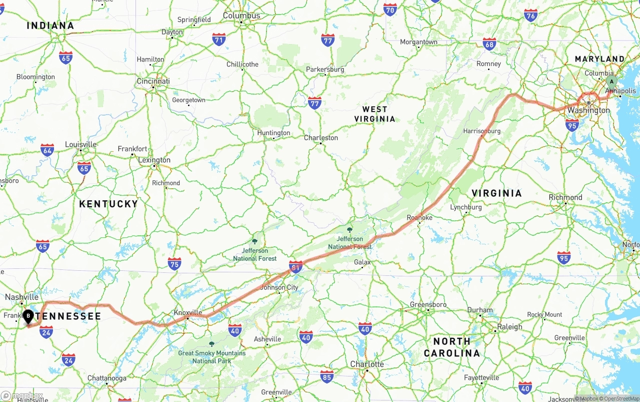 Shipping route from Maryland to Tennessee