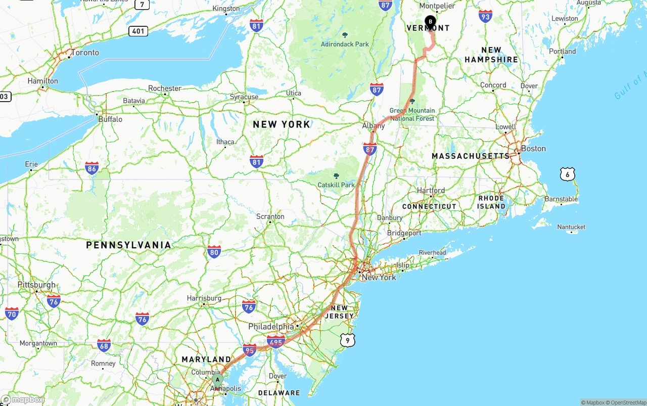 Shipping route from Maryland to Vermont