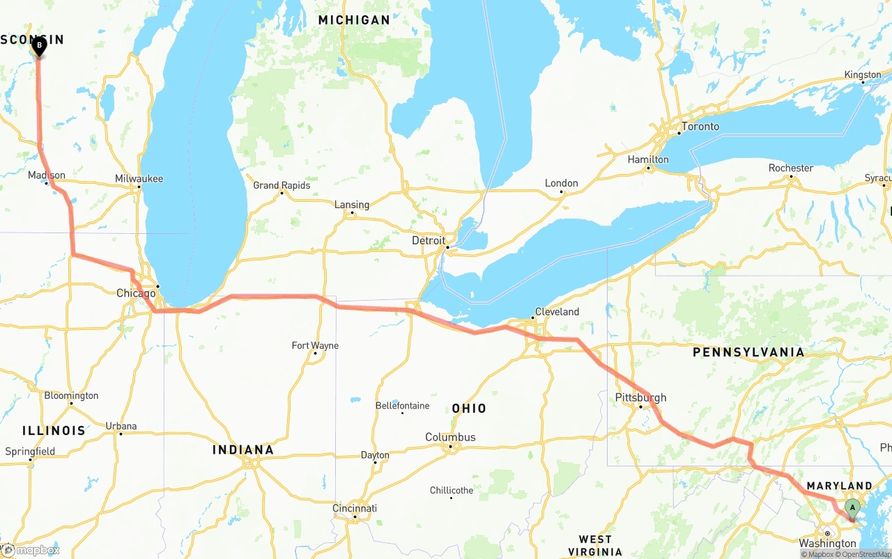 Shipping route from Maryland to Wisconsin