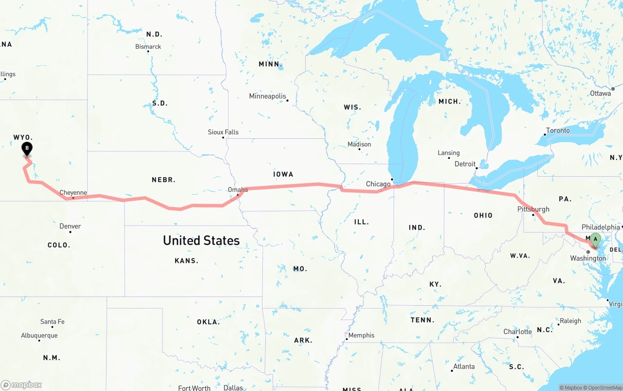 Shipping route from Maryland to Wyoming