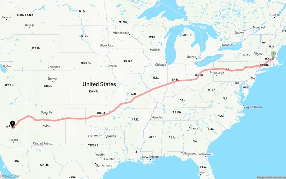 Massachusetts to Arizona freight shipping route map