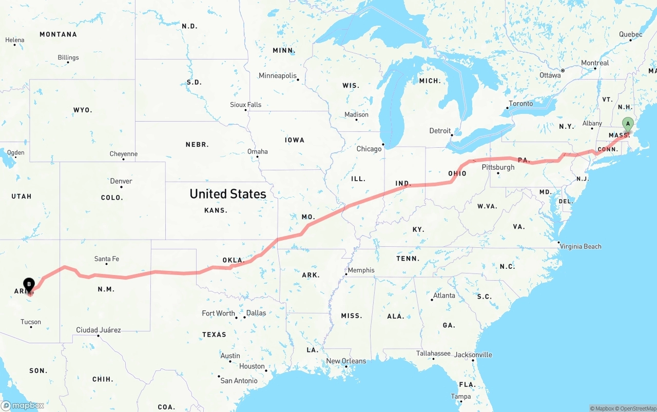 Shipping route from Massachusetts to Arizona