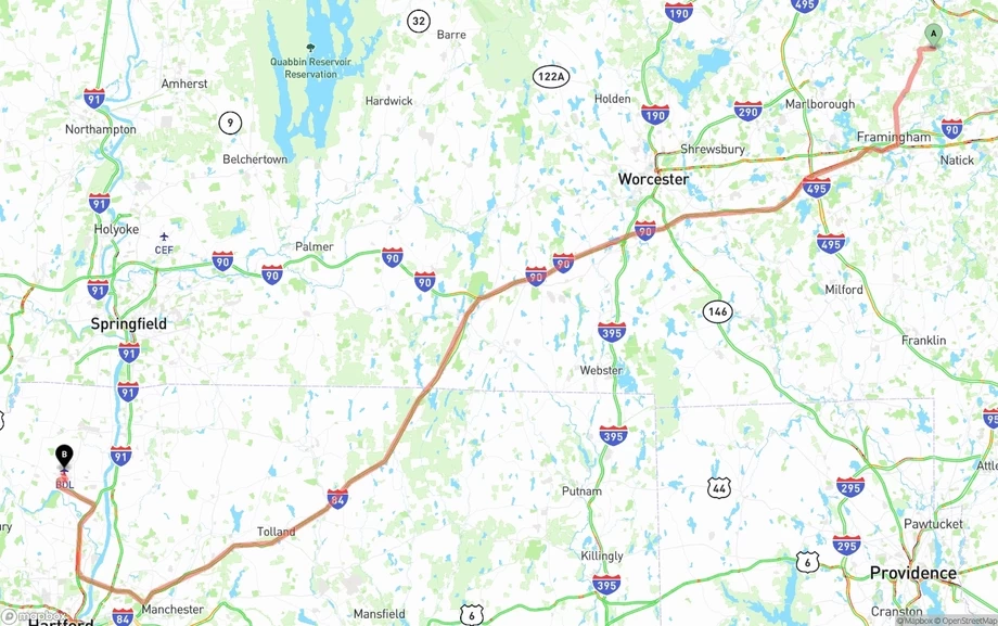 Massachusetts to Bradley International Airport freight shipping route map
