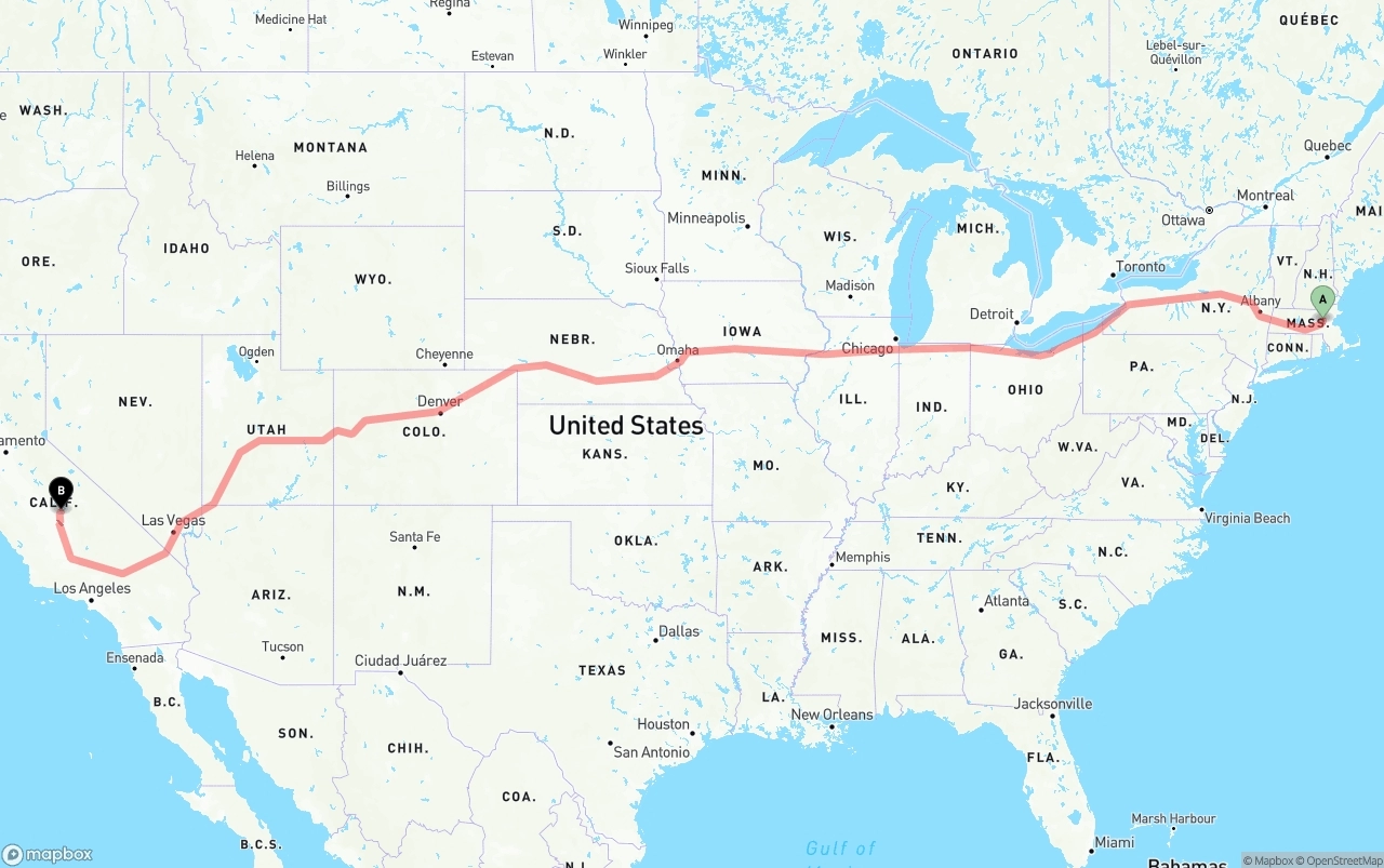 Shipping route from Massachusetts to California