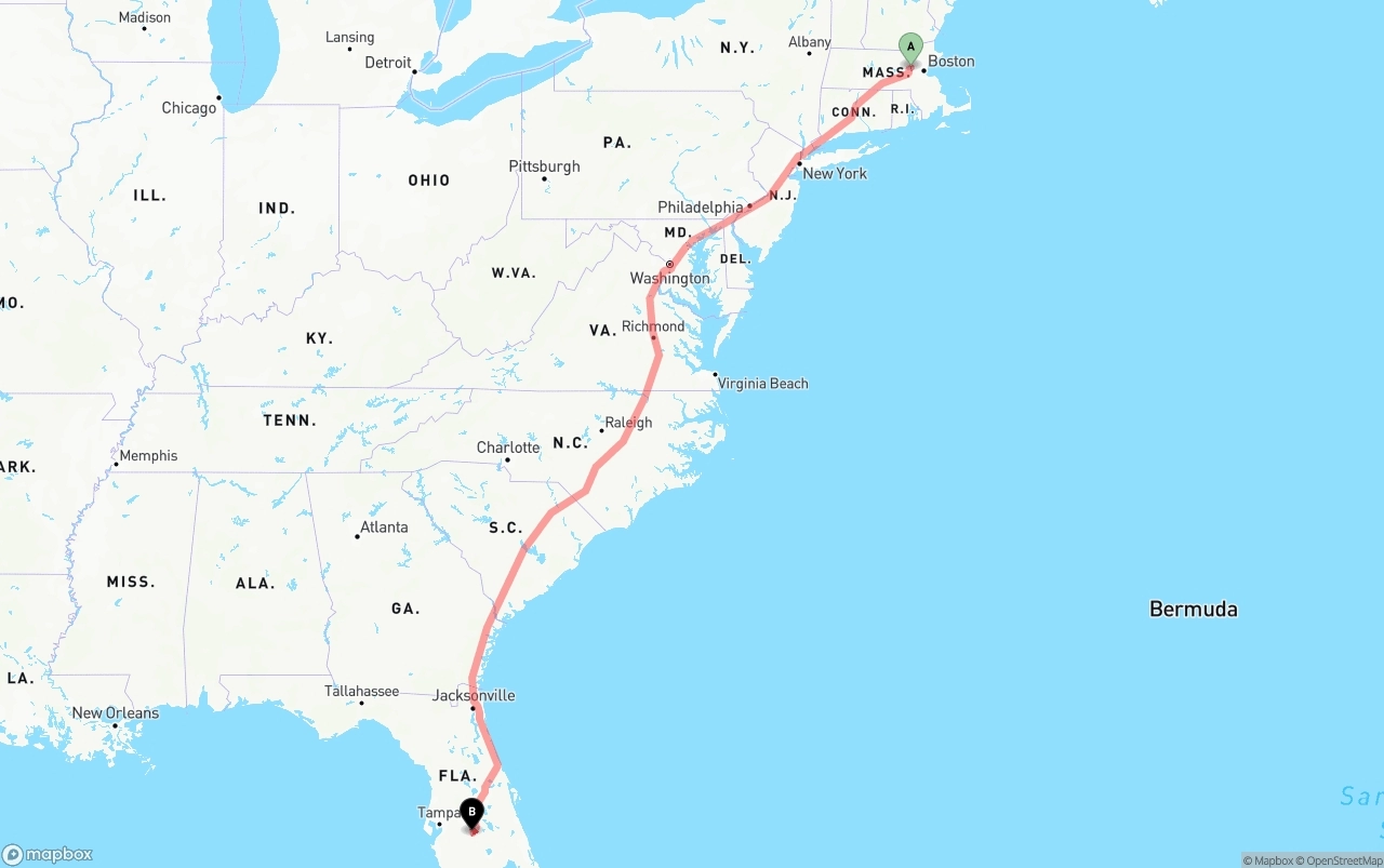 Shipping route from Massachusetts to Florida
