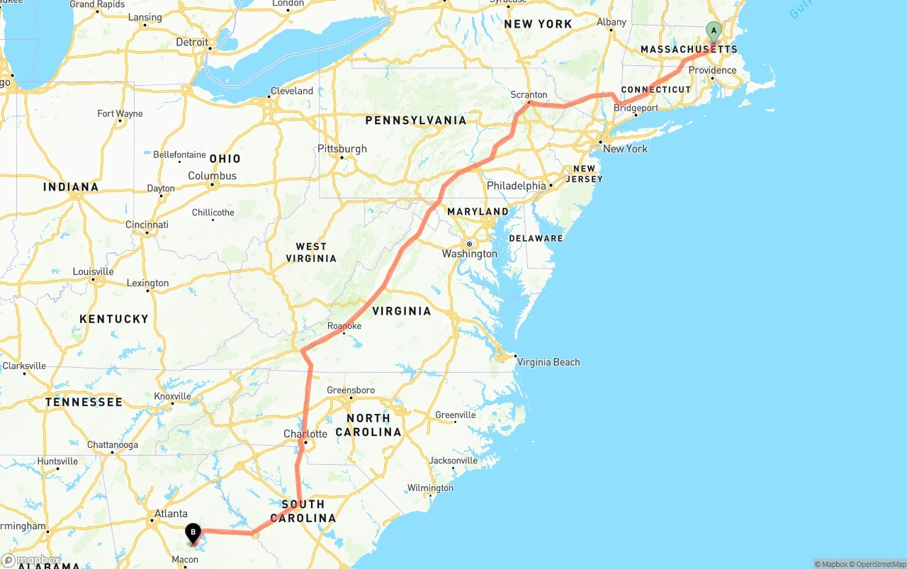 Shipping route from Massachusetts to Georgia