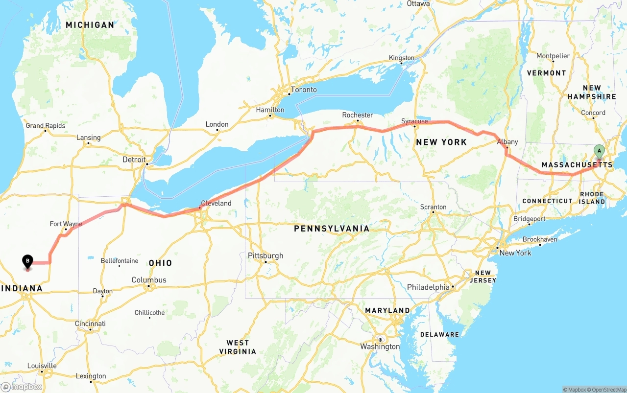 Shipping route from Massachusetts to Indiana