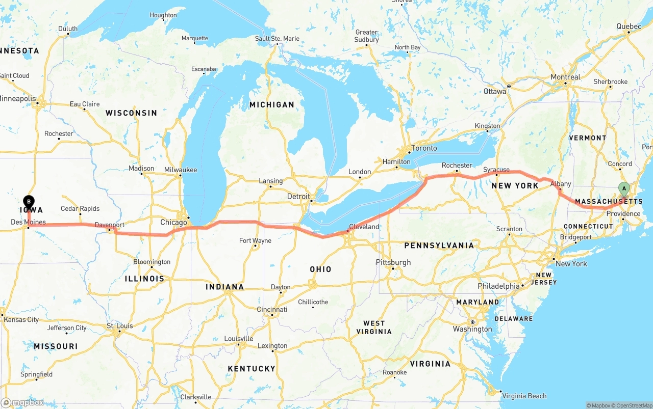 Shipping route from Massachusetts to Iowa