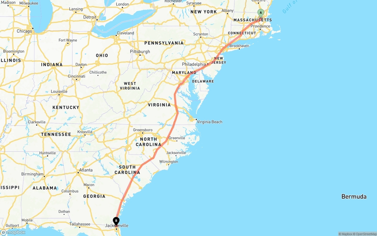 Shipping route from Massachusetts to Jacksonville International Airport