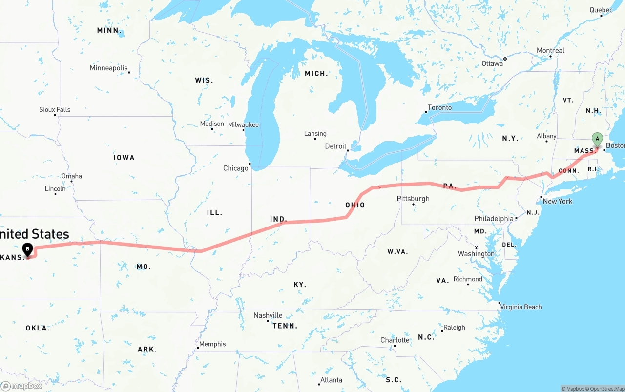Shipping route from Massachusetts to Kansas