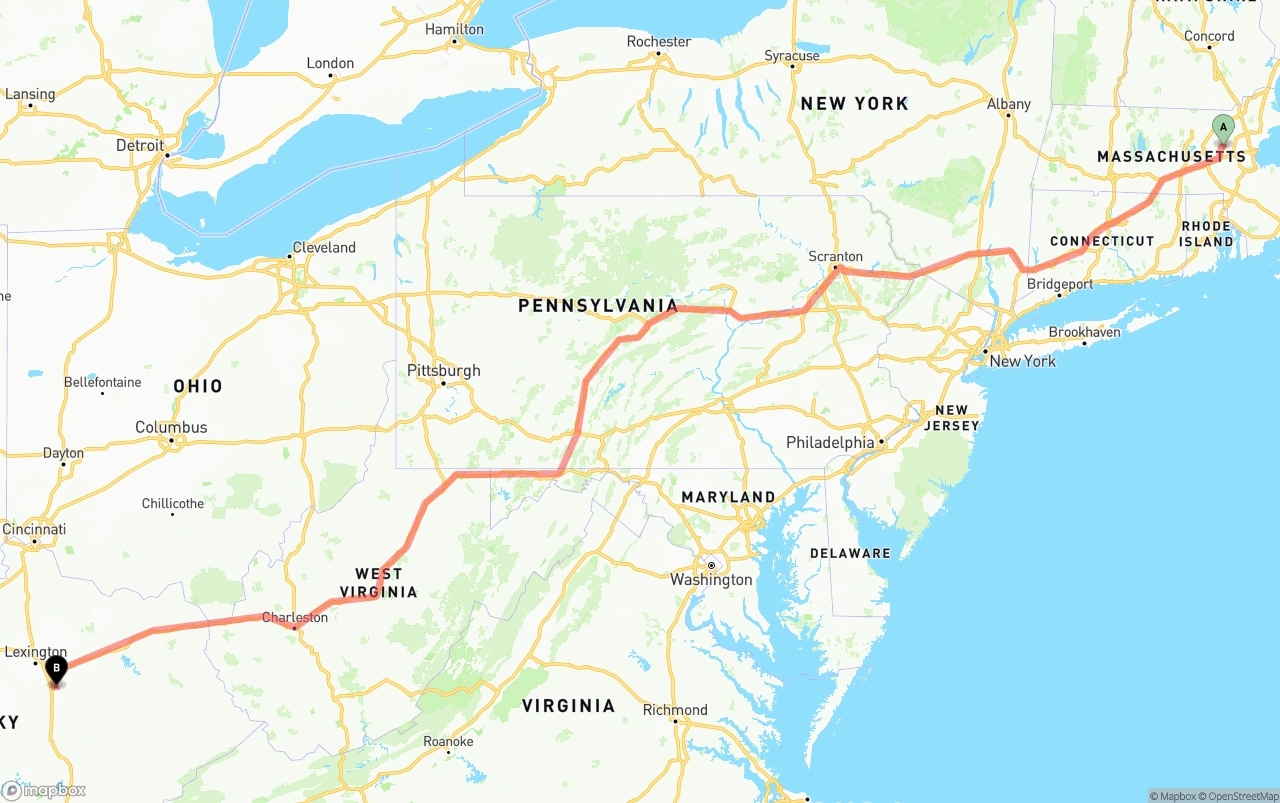 Shipping route from Massachusetts to Kentucky