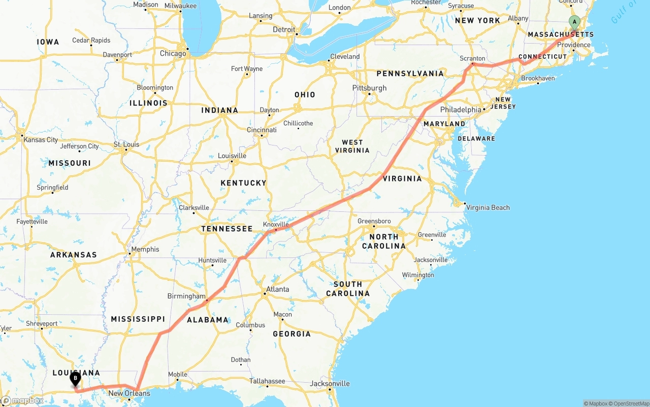 Shipping route from Massachusetts to Louisiana