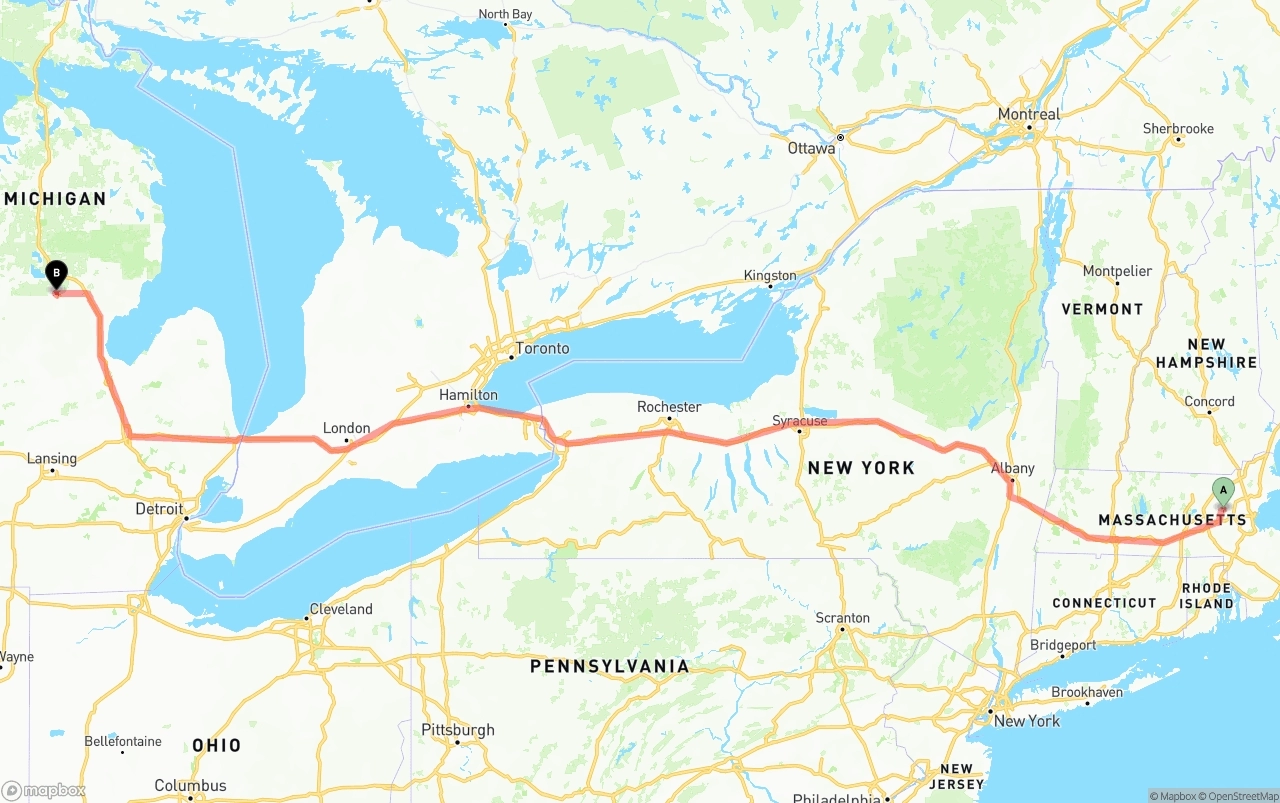 Shipping route from Massachusetts to Michigan